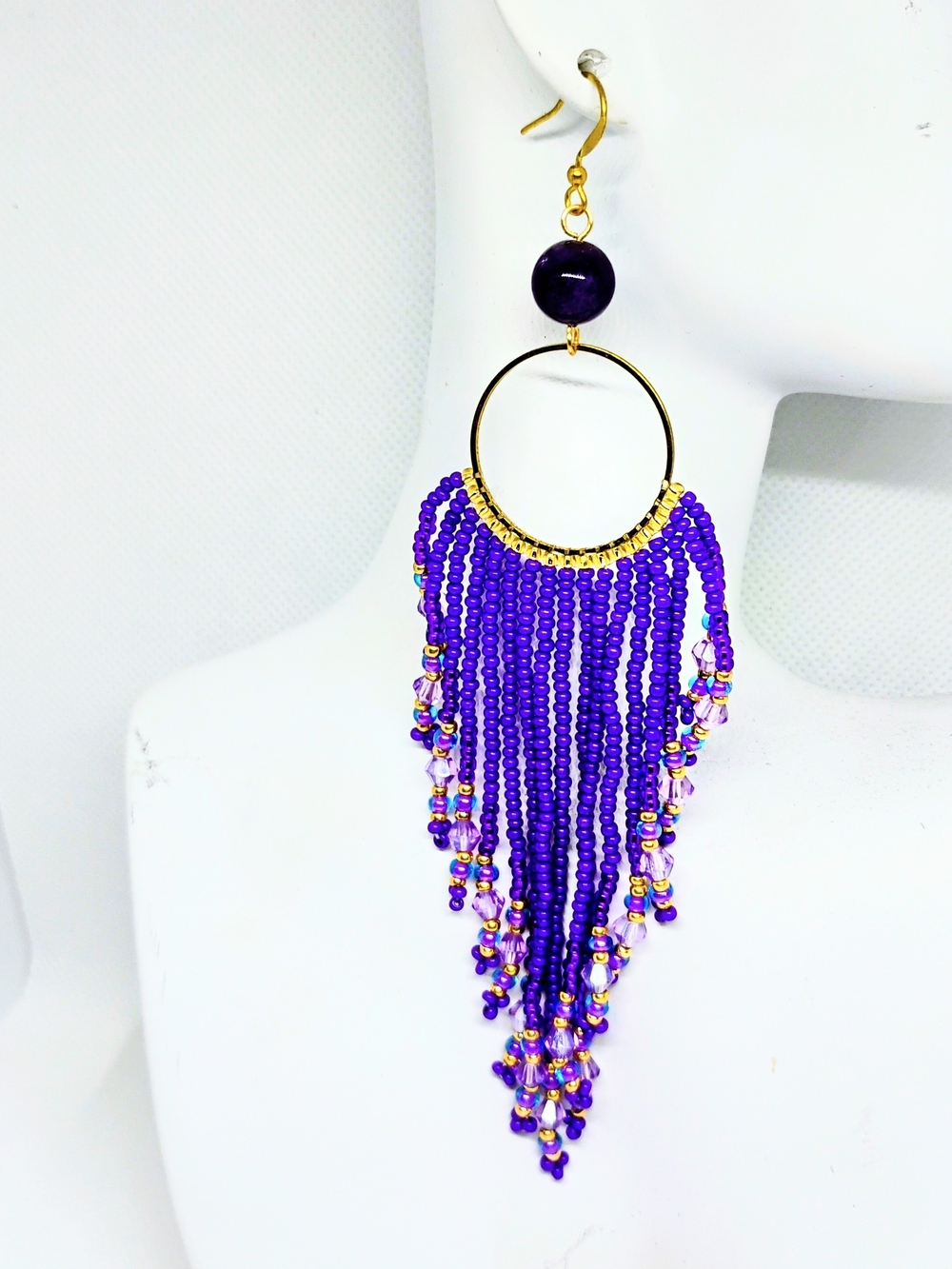 Hand Crafted Purple Beaded Fringe Hoop Earrings - Picture 1 of 1